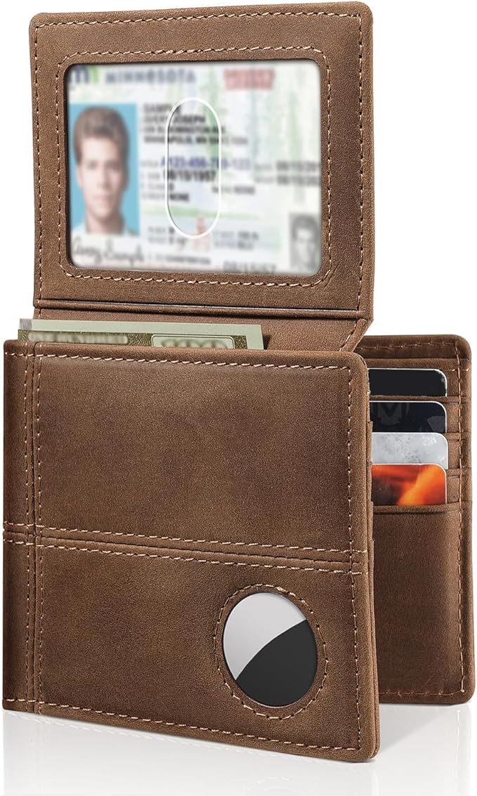 Mens Wallet With AirTag Holder, Bifold Leather RFID Blocking 1-2 ID Windows 12-13 Card Holders, Gift Box and Screen Protector Included, AirTag Not Included