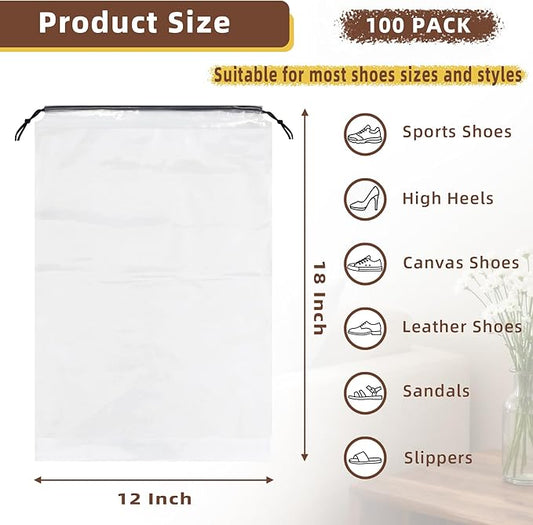 100 Pack Clear Shoe Bags for Travel, 12"x18" Large Travel Shoe Bags for Storage and Packing, Waterproof Drawstring Shoe Bag for Traveling, Bulk Travel Essentials for Men and Women