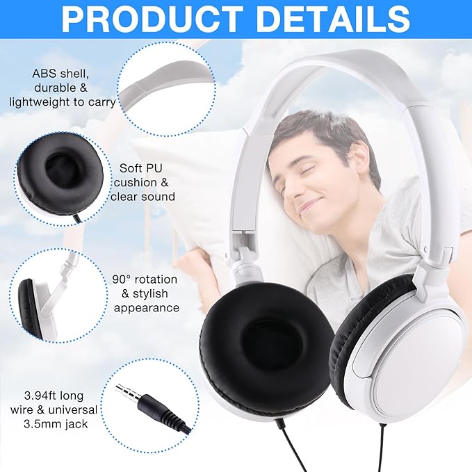 Yunsailing 18 Pack Classroom Headphones Bulk Student Wired Class Headphones Set for School with Individually Wrapped Adjustable Over Ear Head Earbuds (White)