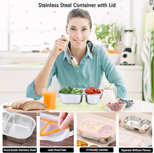 Ahongwenxi Large Stainless Steel Snack Box Containers, Reusable 2 Compartment Condiment Box with Lids, Food Container Sauce Cups, Divided Food Storage Containers for Home and Travel (Clear Lid)