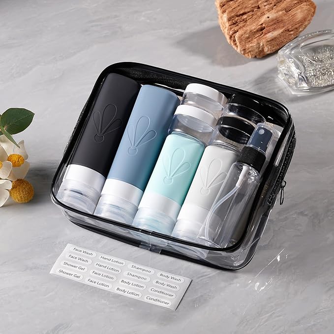 INSFIT 17pack Travel Bottles for Toiletries, TSA Approved Squeezable Silicone Liquid Containers for Shampoo Conditioner Lotion & Body Wash Vacation Travel Essentials with Labels