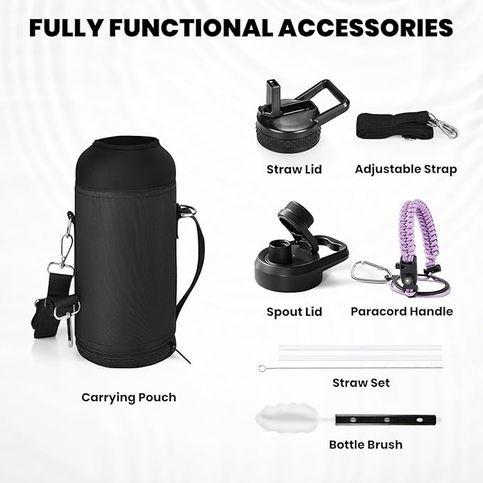 Insulated Water Bottle 32 oz, Triple Wall Vacuum Stainless Steel (Cold for 48 Hrs), Leak Proof & Non-BPA, Modern Water Flask Jug with Paracord Handle & Straw Spout Lids, Lilac