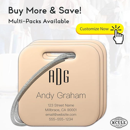 Personalized Luggage Tags for Suitcases - Stainless Steel Custom Luggage Tags for Backpacks & Bags, Sturdy, Waterproof & Heavy Duty (Rose Gold/Square)