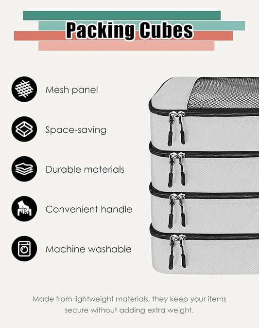 4-Piece Packing Cubes Travel Accessories Set for Suitcases - Luggage Organizer Bags with Double Zipper - Mesh Top - Small - Beige