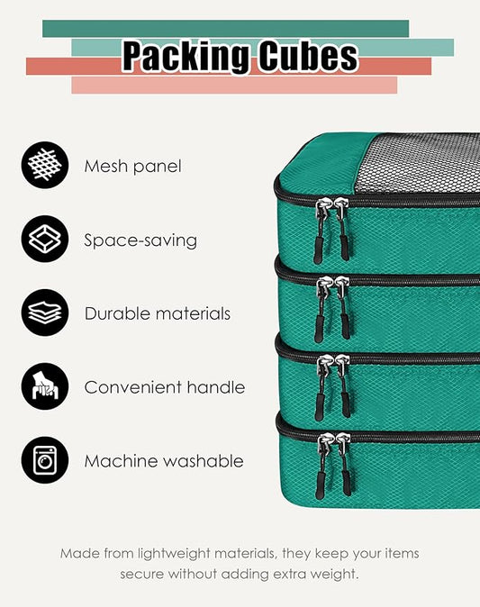 4-Piece Packing Cubes Travel Accessories Set for Suitcases - Luggage Organizer Bags with Double Zipper - Mesh Top - Large - Green