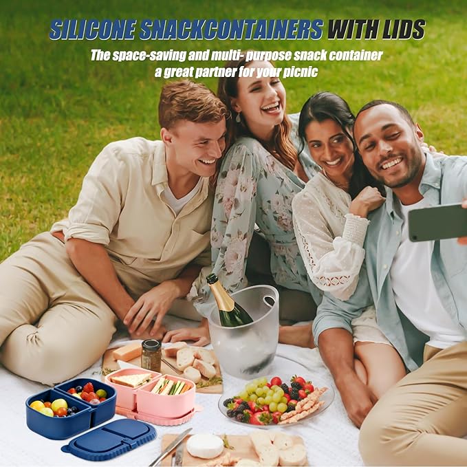 2 Pack Reusable Silicone Snack Containers With Lids, 8.5oz Two Compartment Snack Container, Snack Containers With Lids, Leakproof Snackle Boxes For Travel, Picnics (Blue, Pink)