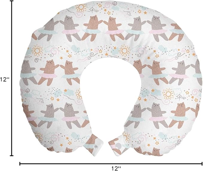 Ambesonne Cartoon Travel Pillow Neck Rest, Funny Ballerina Dancer Bears in Tutu Costume Dancing Stars Happiness Style, Memory Foam Traveling Accessory for Airplane and Car, 12", Dust Rose