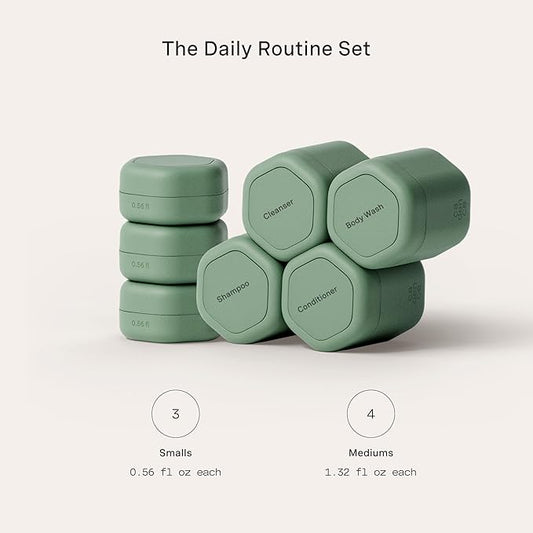 Cadence Travel Containers - Daily Routine Capsule Set - Magnetic Containers with Lids,4 Flex Mediums (1.32oz) & 3 Flex Smalls (0.56oz) - Shampoo, Conditioner, Body Wash, Pills, & More - Eucalyptus