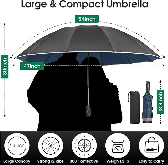 G4Free 54 Inch Large Double Layer Inverted Umbrella, 12 Ribs Compact Windproof Automatic Folding Reverse Umbrella with Reflective Strip for rain