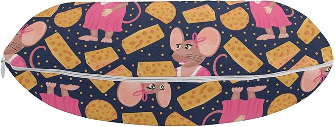 Ambesonne Animal Travel Pillow Neck Rest, Cartoon Animated Repeated Female Rat Girl Silhouettes and Spotted Cheese, Memory Foam Traveling Accessory for Airplane and Car, 12", Indigo Pink