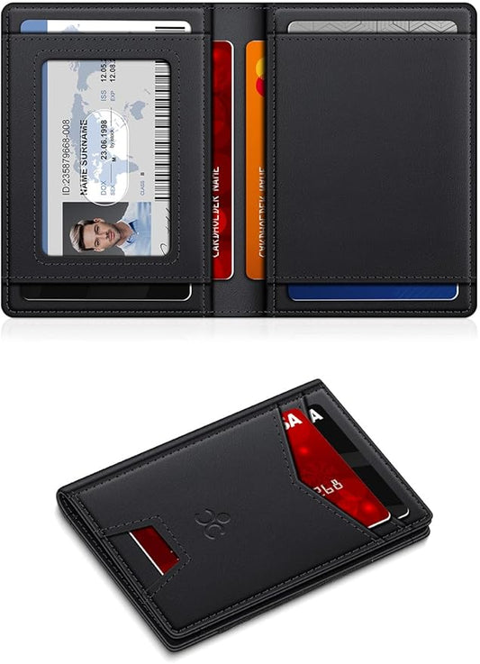 Wallet for Men Slim Leather Wallets for 9-13 Cards, RFID Blocking Thin Card Holder Wallet with ID Window & Stretchable Cash Slot, Minimalist Bifold Small Wallet for Front Pocket, Birthday Gift for Men