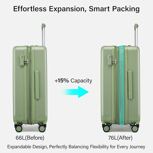 Hanke Expandable 24 Inch Luggage with Spinner Wheels, Hardside Medium Checked luggage, All-PC Hard Shell Suitcase, TSA Lock, Lightweight Checked-Medium (Bamboo Green, 76L)