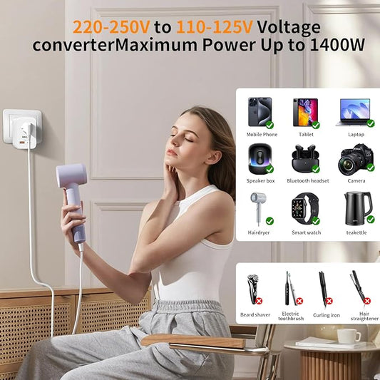 220 V to 110 V Voltage Converter, 20 W PD, Reduces 220 V to 120 V, U.S. to Europe Travel Converter for Over 80 Countries, Including Most European Countries, France, Germany, Italy and Australia