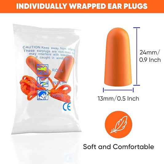 Foam Corded Ear Plugs 100 Pair - 32dB Noise Cancelling Shooting Hearing Protection for Noise Reduction Construction Work Safety Mowing Industrial - Disposable Ear Plugs with Cord Bulk