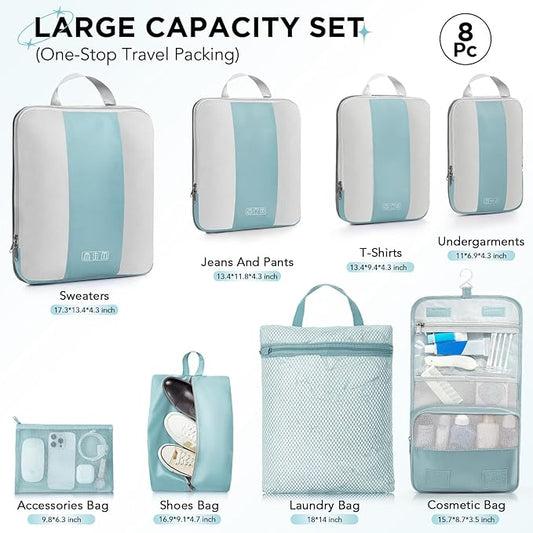 8 Set Compression Packing Cubes for Travel Essentials,Compressible Expandable Packing Cubes for Suitcase,OlarHike Luggage Organizer Bags for Travel,Handy Helper for Organizing Clothes(Blue Gray)