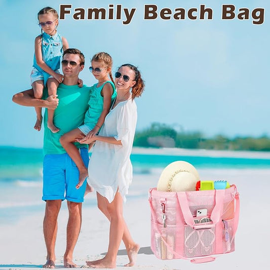 Mesh Beach Bag, Large Beach Tote with Zipper Pocket for Family Pool Bag for Toys & Vacation Essentials