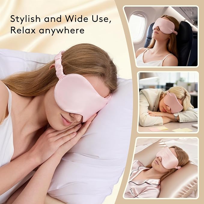 100% Pure 6A Mulberry Pink Silk Sleep Mask for Women and Men, Adjustable Blackout Eye Cover, Breathable Travel Eye Mask for Sleeping, Zero Pressure Comfort