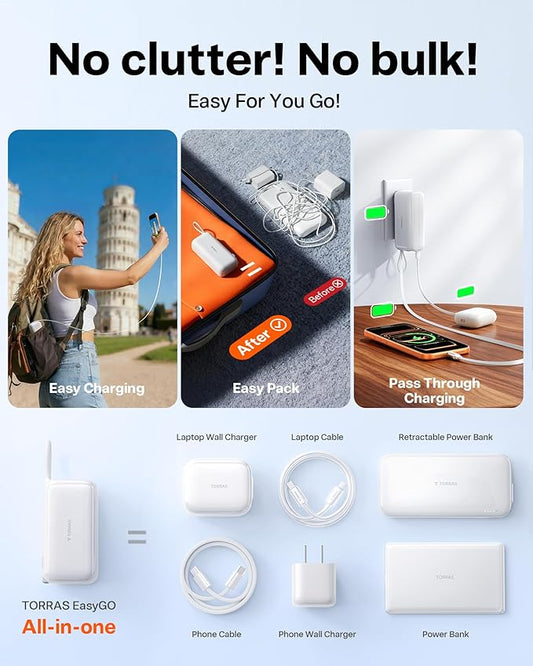 TORRAS EasyGo 3-in-1 Portable Charger Power Bank with Wall Plug & Retractable USB-C Cable, Fast Charging 10000mAh Battery Pack for iPhone 17/16/15, Samsung, Laptop, MacBook - Travel Essential