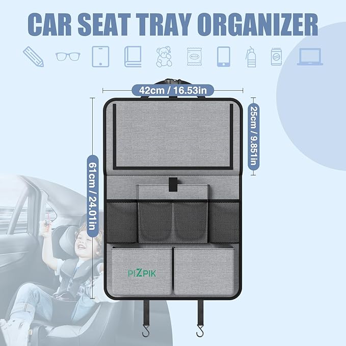 Car Backseat Organizer with Tablet Holder,11 Storage Pockets with Foldable Food Tray, Protector Kick Mats for Kids, Travel Accessories Organizer (Gray, 1Pack with Food Tray)