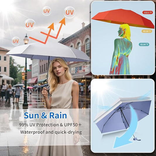Compact Mini Windproof Travel Umbrella-UPF 50+ Sun & Rain Protection, Small Folding Design Fits in Pocket or Purse, Lightweight Portable with Case for Women, Men & Kids