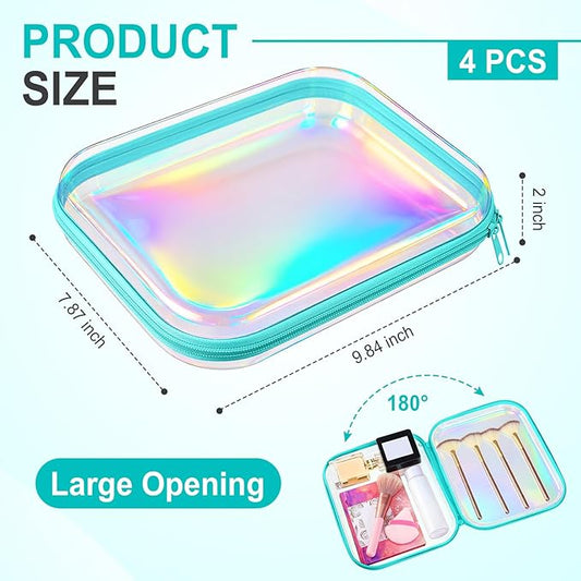 Hoolerry 4 Pcs Hard Clear Zipper Case Makeup Bags Plastic Pencil Pouch Transparent Storage Box Containers for Cosmetics, Snacks, Building Blocks, Puzzles(Blue Laser,9.8 x 7.9 x 2 in)