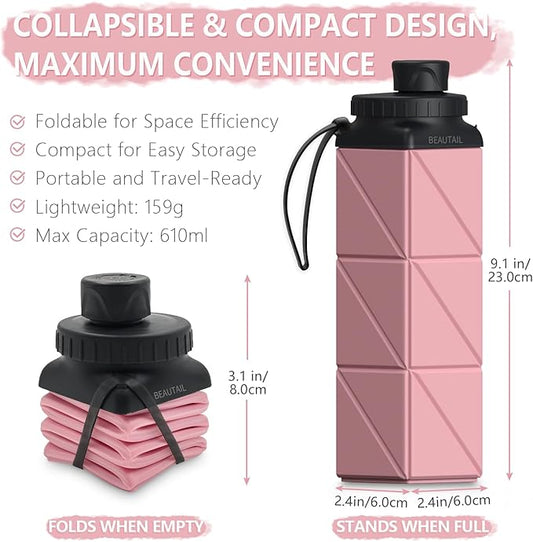 Collapsible Water Bottles, Silicone Foldable Water Bottle 610ml, BPA-Free Portable Reusable Leakproof Bottle for Gym Travel Camping Hiking Sports Outdoor, 1 Pack (Pink)