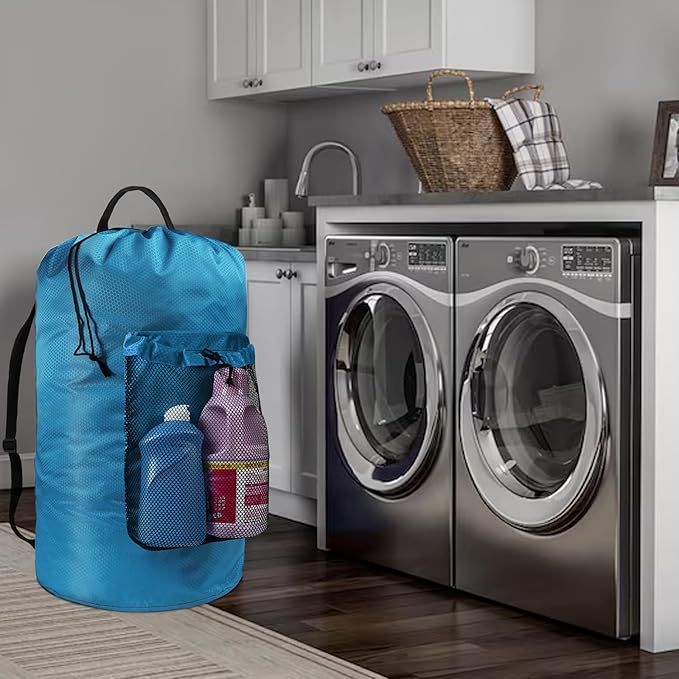 Laundry Bag with Shoulder Straps and Mesh Pocket Laundry Backpack Large Portable Laundry Hamper for College Laundromat Apartment (Light Blue)