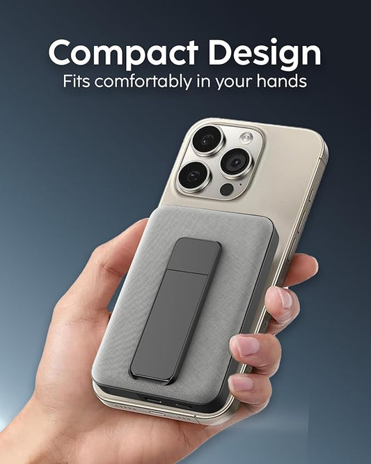 myCharge CliqLuxe Magnetic Wireless Power Bank 10,000mAh | iPhone & MagSafe Compatible | Qi2.2 25W Mag Safe Portable Charger | Built-in Stand | 20W PD USB-C Port | Premium Grey Fabric