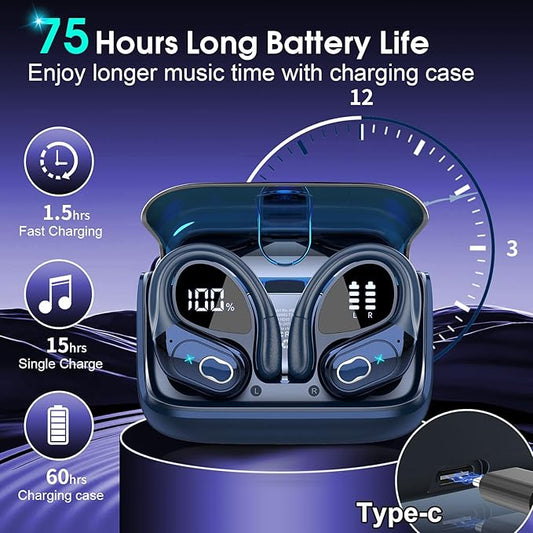 Wireless Earbuds 75hrs Bluetooth 5.4 Headphone Sport, 2025 Bluetooth Earbuds Stereo Deep Bass Over Ear Bud with Earhooks, ENC Noise Cancelling Mic, IPX7 Waterproof Earphone, Royal Blue