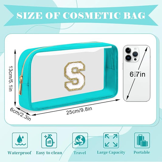 Personalized Initial Letter Clear Makeup Bag,Preppy Small Nylon&PVC Cosmetic Zipper Bag with Chenille Letter,Portable Beach Travel Skincare Toiletry Bag,Trendy Monogram Gift for Teen Girls Women,S