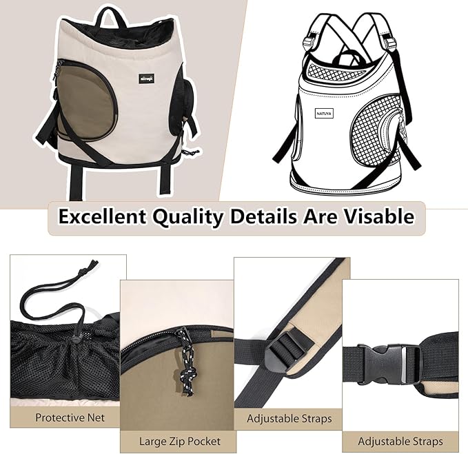NATUYA Dog Front Carrier, Pet Carrier Front-Pack for Small Dog Puppy Cat, Travel Hiking Waterproof Lightweight Pet Bag, Padded Bottom Mat & Zip Pockets (Cream)