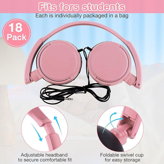 Yunsailing 18 Pack Classroom Headphones Bulk Student Wired Class Headphones Set for School with Individually Wrapped Adjustable Over Ear Head Earbuds (Pink)