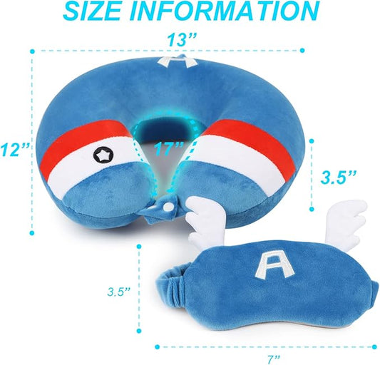 Superhero Travel Pillow for Kids & Adults with Sleep Eye Mask, Memory Foam U-Shaped Neck Pillow with Washable Cover, Soft Head Support Travel Accessories for Airplane Car Train Bus Recline, Blue