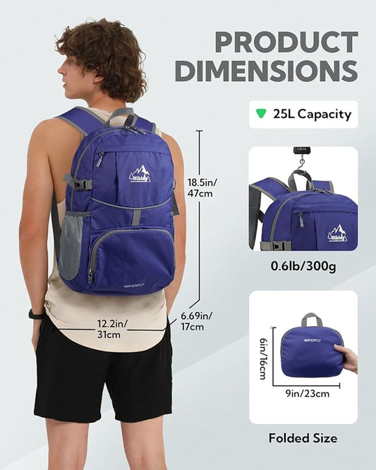 WATERFLY Hiking Packable Daypack Backpack: 25L Ultra Lightweight Day Pack for Woman Man - Small Compact Folding Back Pack for Outdoor Sport Cycling Camping Travel Trip - Dark blue