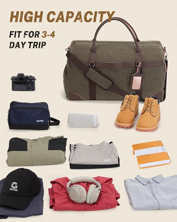 Gonex Waxed Canvas Duffle Bag for Travel, Water-resistant Vintage 55L Duffel Weekender with Shoes Compartment & Luggage Tag, Heavy-duty Overnight Bag with Suitcase Handle Sleeve for Men, Army Green