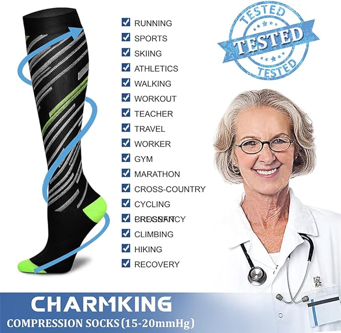 CHARMKING Compression Socks for Women & Men Circulation (8 Pairs) 15-20 mmHg is Best Support for Athletic Running,Cycling