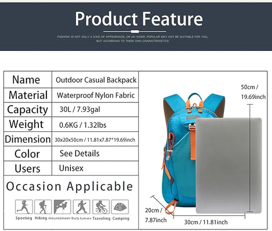 Hiking Backpack 30L Foldable Travel Daypack For Women Men,Camping Daypack Backpacks Lightweight,Durable Hiking Backpack Fit For Hiking,Daily Commuting,Short Trips.(With Rain-cover)