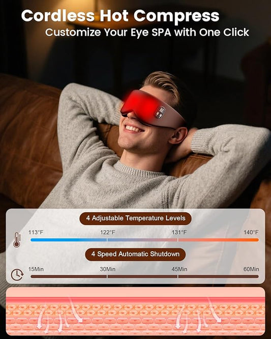 Heated Eye Mask - Cordless Eye Mask for Dry Eyes, Eye Relief, Improved Sleep, Timed Shutdown, 4 Temperature, Washable Eye Heating Pad for Travel, Removable for Cleaning - Brown