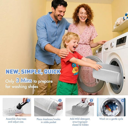 Shoe Washing Machine Bag for Washer and Dryer - Reusable Lint-free, Large Laundry Shoe Bag for Sneakers Tennis Home Washing Kit, Includes Shoe Trees to Prevent Deformation, Grey 2pcs