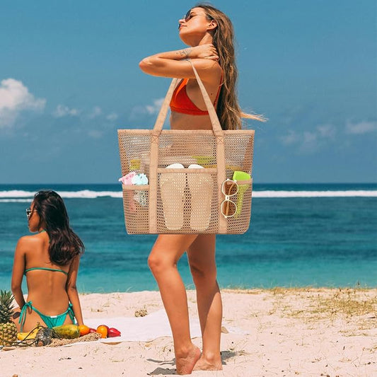 Mesh Beach Bag for Women, Casual Hobo Bags Large Beach Tote for Pool Travel Cruise Vacation Essentials