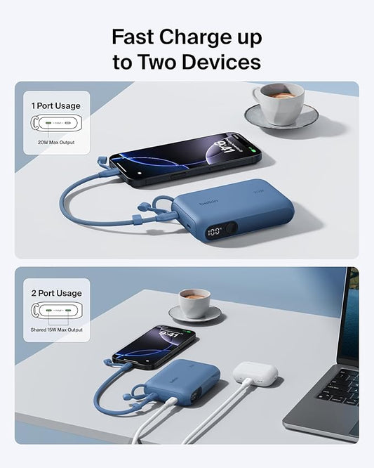Belkin Portable Charger, Slim USB-C Power Bank 10,000mAh w/ 2 USB-C Ports, Digital Battery Display, 20W Charging Battery Pack - iPhone 17, Air, Pro, Samsung Galaxy S25, Pixel 10, iPad, & More - Blue