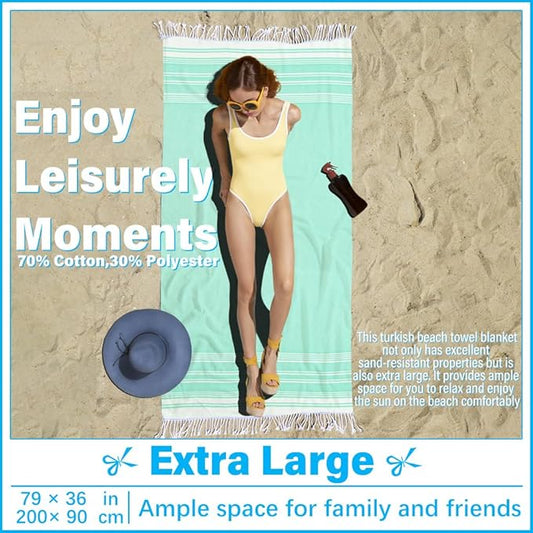 Thin Turkish Beach Towel Lightweight Soft Cotton Extra Large XL Oversized Sand Free Sandproof Absorbent Quick Dry Towels Cloud Bath Pool Travel Compact Essentials Accessories for Adult Gifts
