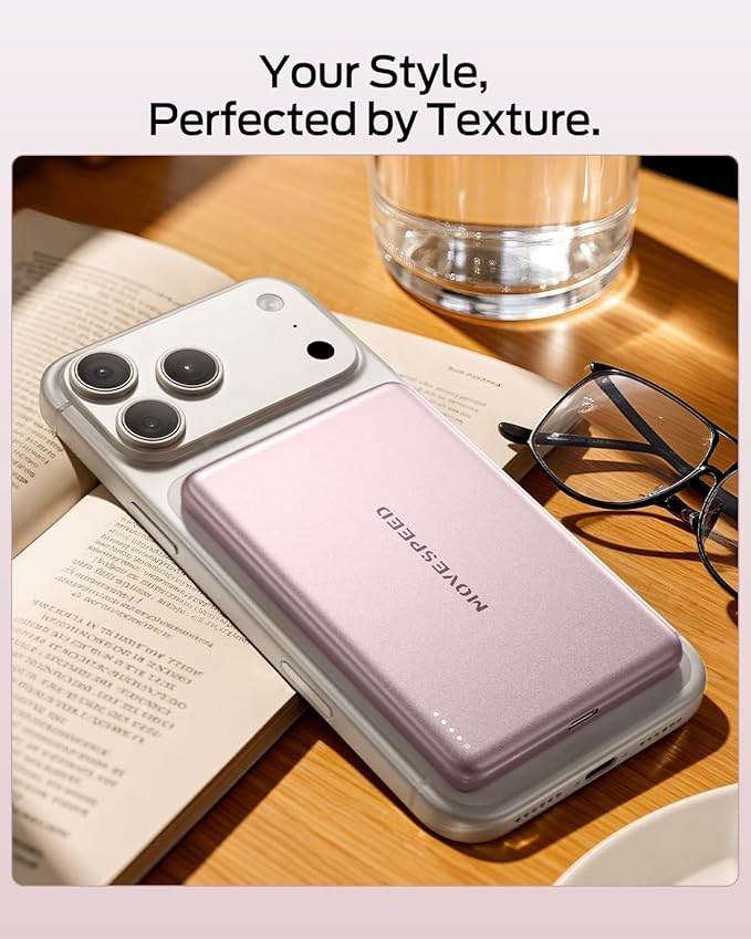MOVE SPEED 0.3'' Ultra Slim MagSafe Portable Charger, 5000mAh Magsafe Battery Pack iPhone 17 Air Accessories, Magnetic Power Bank with USB C Port for iPhone 17 Pro Max Air/16/15/14/13/12, Pastel Pink
