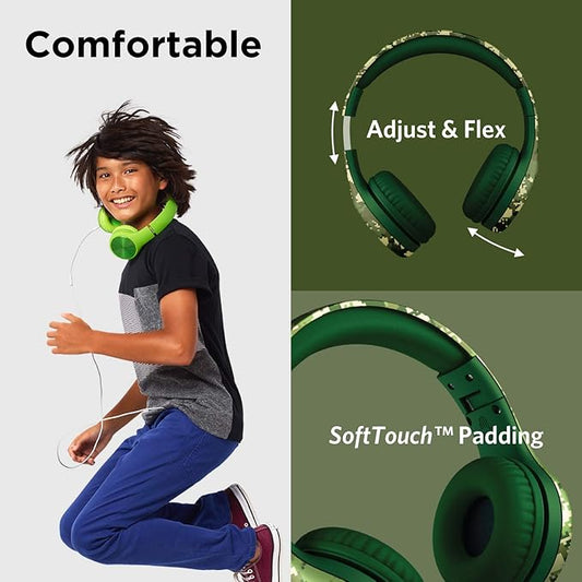 LilGadgets Connect+ Pro Wired Kids Headphones for School with Microphone, Volume Limiting Over-Ear Headset with Cord, SharePort Technology & SoftTouch Padding, Green Digital Camo