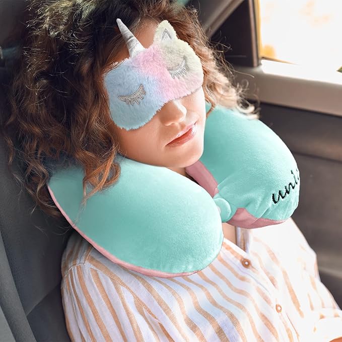 Neck Travel Pillow for Kids, Unicorn Airplane Memory Foam Pillow with Cute Sleep Mask & Earplugs, Lightweight Travelling Sleeping Pillow Set for Car, Train, Bus and Home Use (Blue)