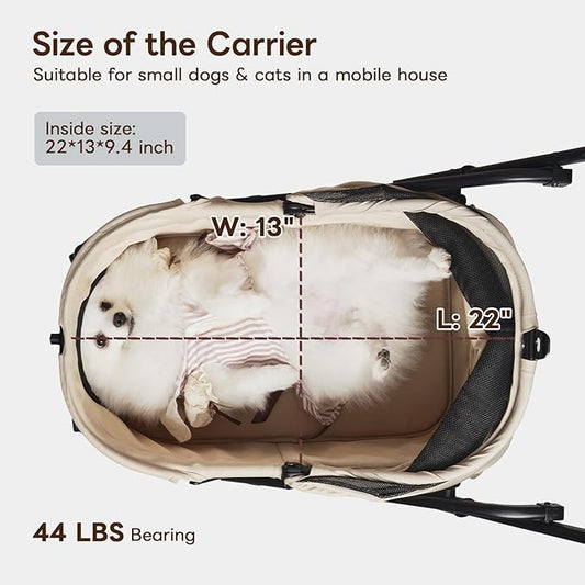 PETTENA Foldable Pet Stroller,4 Wheels Pet Strolling Cart for Small Dogs Cats up to 44 Lbs, Pet Travel Carrier Strolling Cart with Storage Basket, Portable Dog Cat Stroller with Breathable Mesh, Khaki