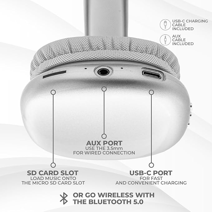 iJoy Ultra Wireless Over-Ear Bluetooth Headphones with Mic, Up to 10 Hours Playtime, Bluetooth Headset 33Ft Range with Backup AUX Cable & SD Slot, Wireless Headphones for Gaming, Work & Gym (Silver)