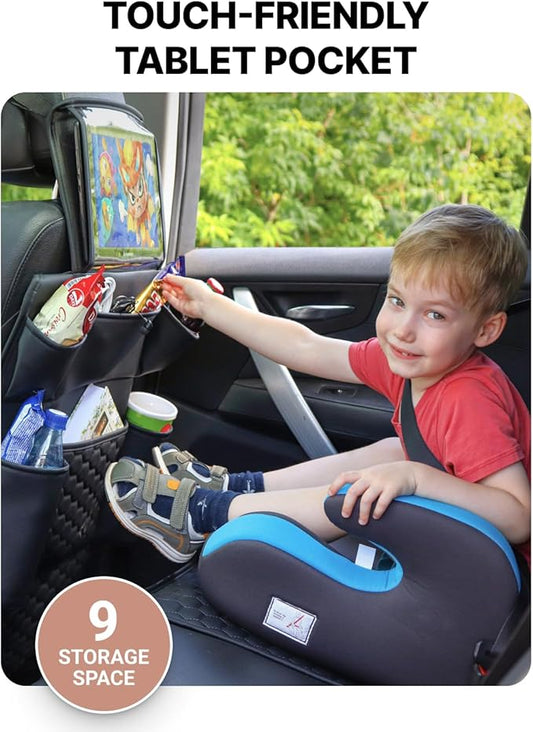 Owleys Back of Seat Organizer for Kids with Transparent Tablet Pocket & 8 Compartments | 27.5"x18.5" | Black Travel Accessory for SUV, Truck, Sedan, Van, Jeep