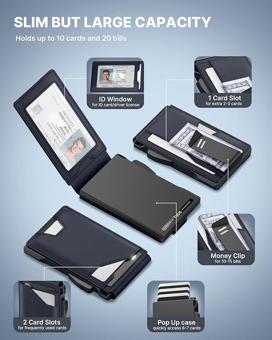 typecase Tactical Wallet for Men Card Holder: Pop Up Card Case, Genuine Leather, Smart, RFID Blocking, Slim, Minimalist, Thin, Front Pocket - 9-13 Card Capacitiy, ID Window, Money Clip (Navy)
