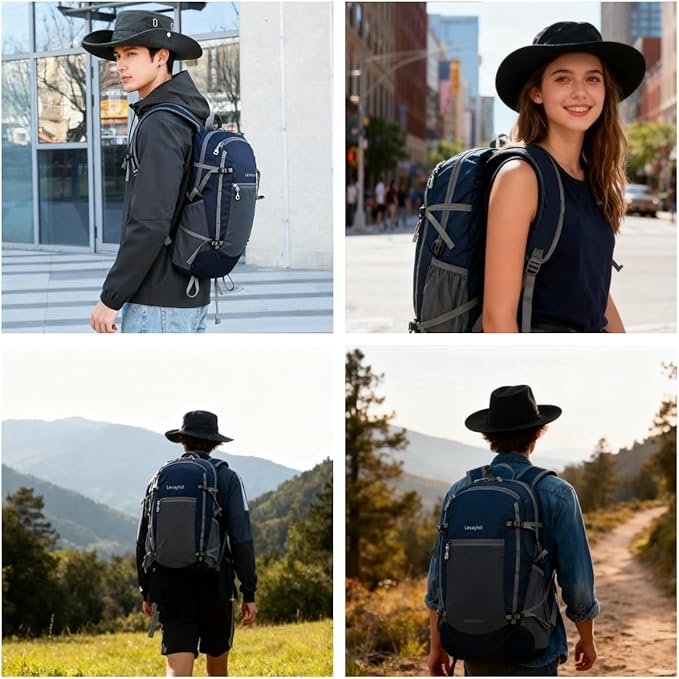 30L Foldable Backpack & Bucket Hat 2 In 1 Combo, Lightweight packable Travel and Fisherman Hat Set, Compact Collapsible Daypack with Sun Hat (Dark Blue)